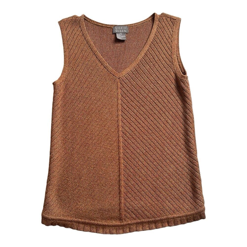 Sigrid Olsen Womens Knit Dark Orage Sleeveless Round V-Neck Tank Top XS Small